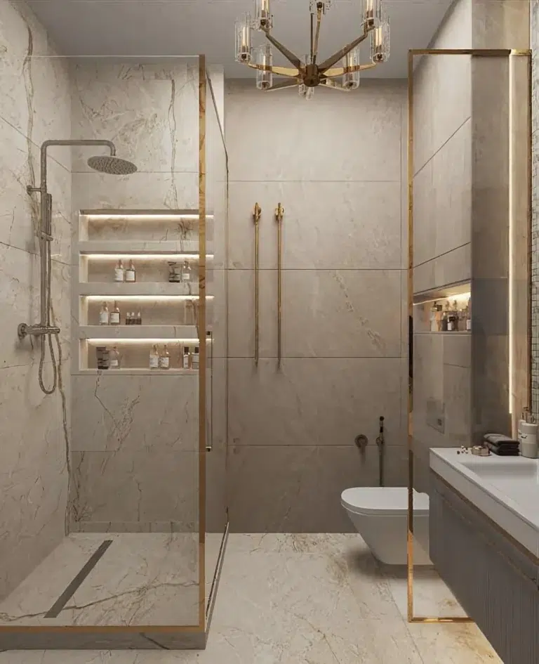 gold shower niche lighting