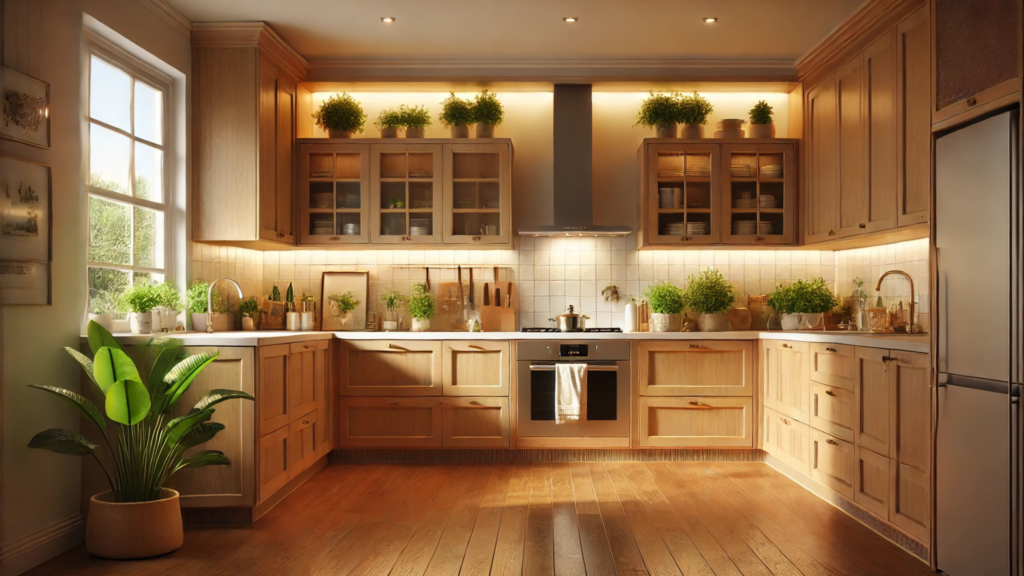 Warm inviting kitchen with greenery and under cabinet lighting