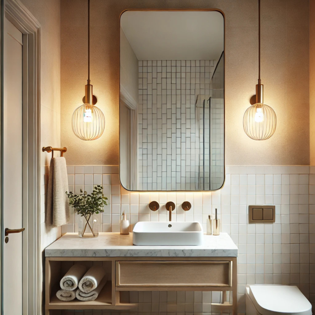 Small bathroom with Pendant lights