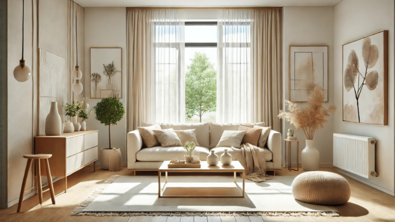 Modern Living room, white couch with a big window and lighting.