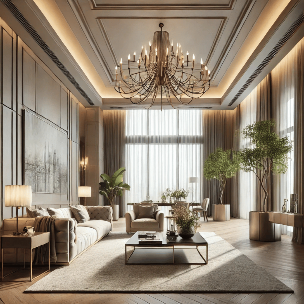 living room with high ceilings and a chandelier