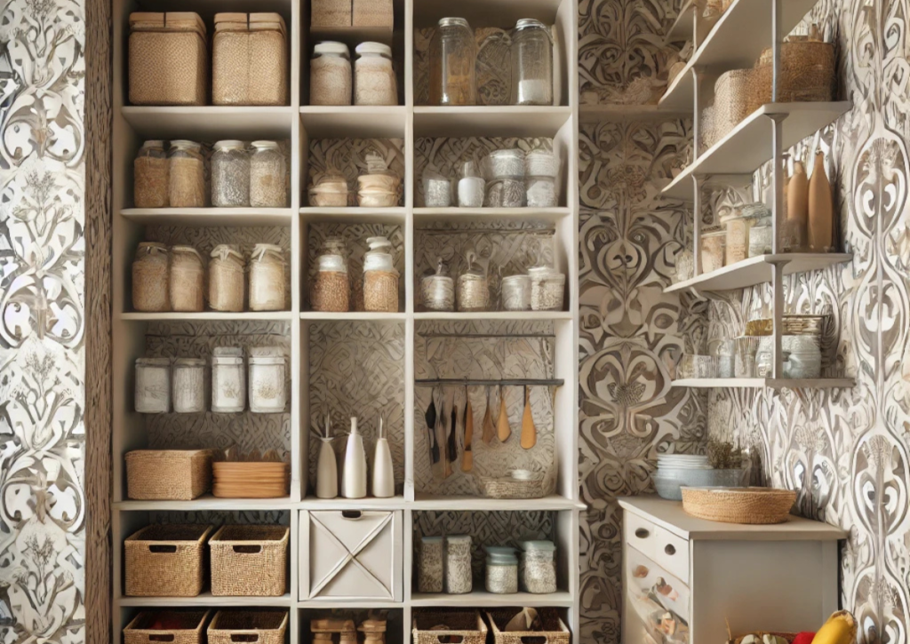 pantry with wallpaper