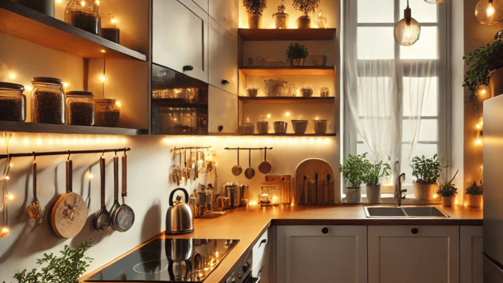 A cozy small kitchen with warm ambient lighting. Under-cabinet LED lights and string lights illuminate the wooden countertops and open shelves, which are neatly organized with glass jars, potted plants, and kitchen essentials. A large window with sheer curtains allows natural light to filter in, adding to the inviting atmosphere. Pendant lights hang above the sink, and kitchen utensils are displayed on wall-mounted racks