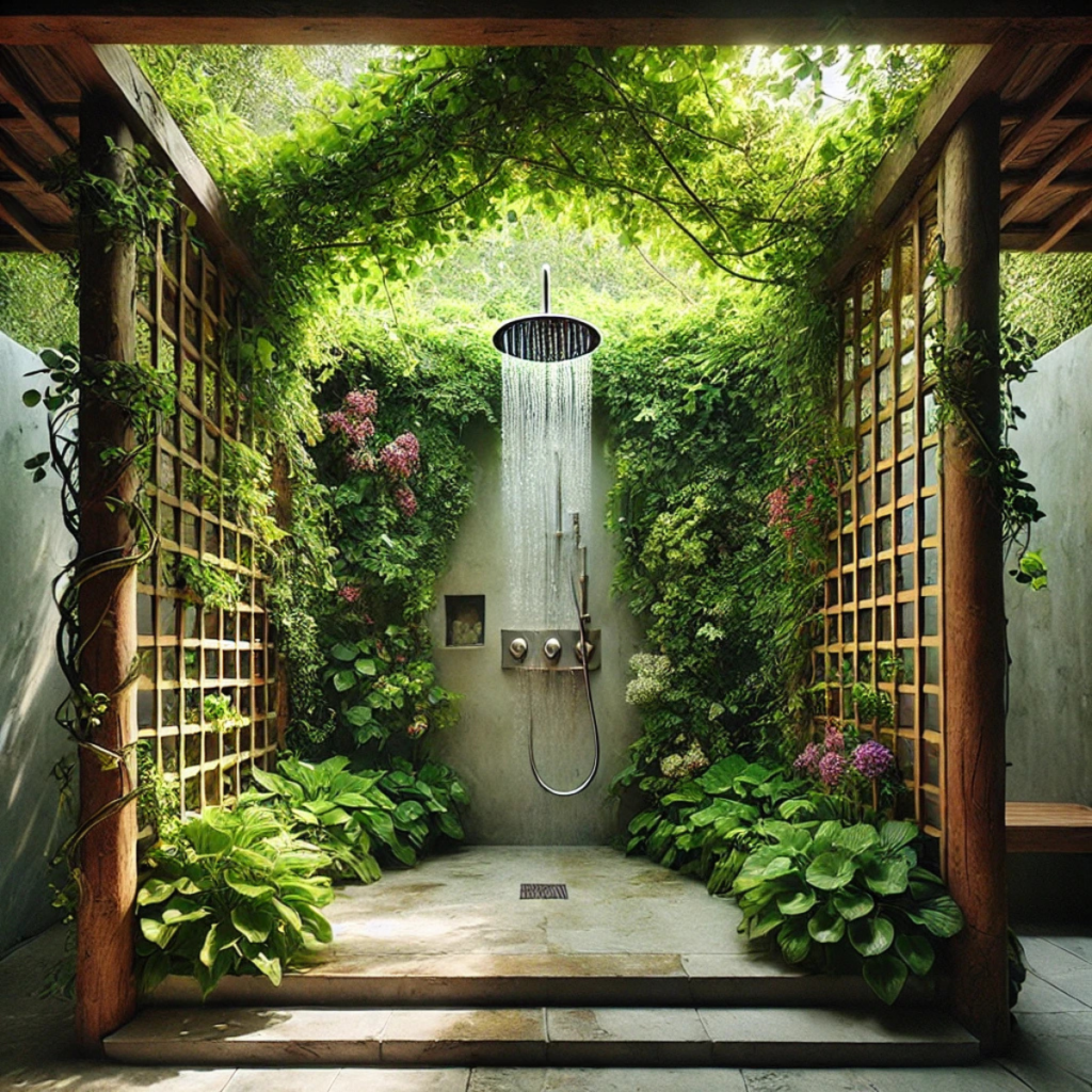 rustic outdoor shower with a trellis on each side and a large rain shower